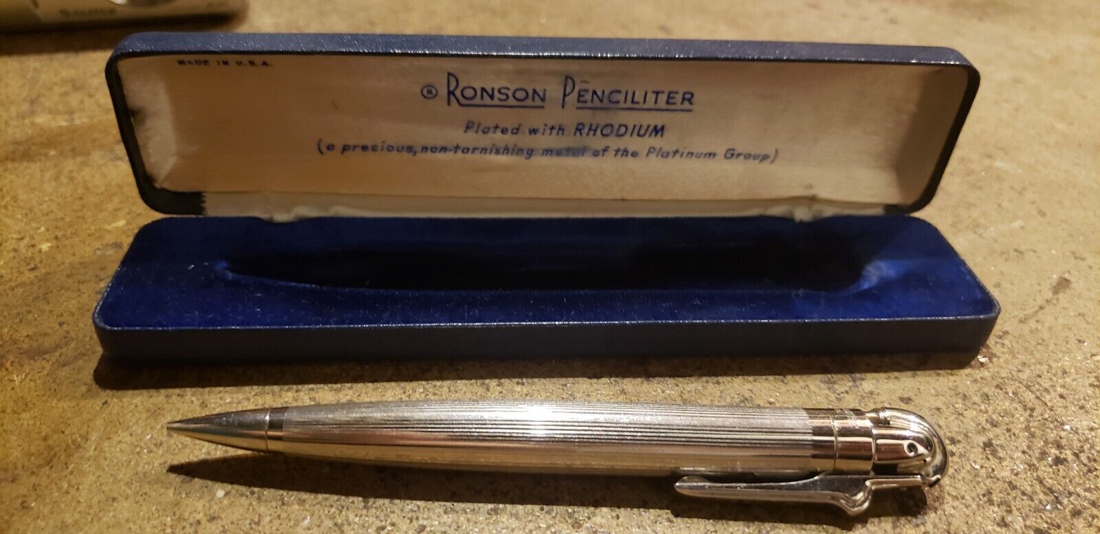 Vintage Ronson Penciliter Rhodium Plated Pencil Lighter In Original Case Works