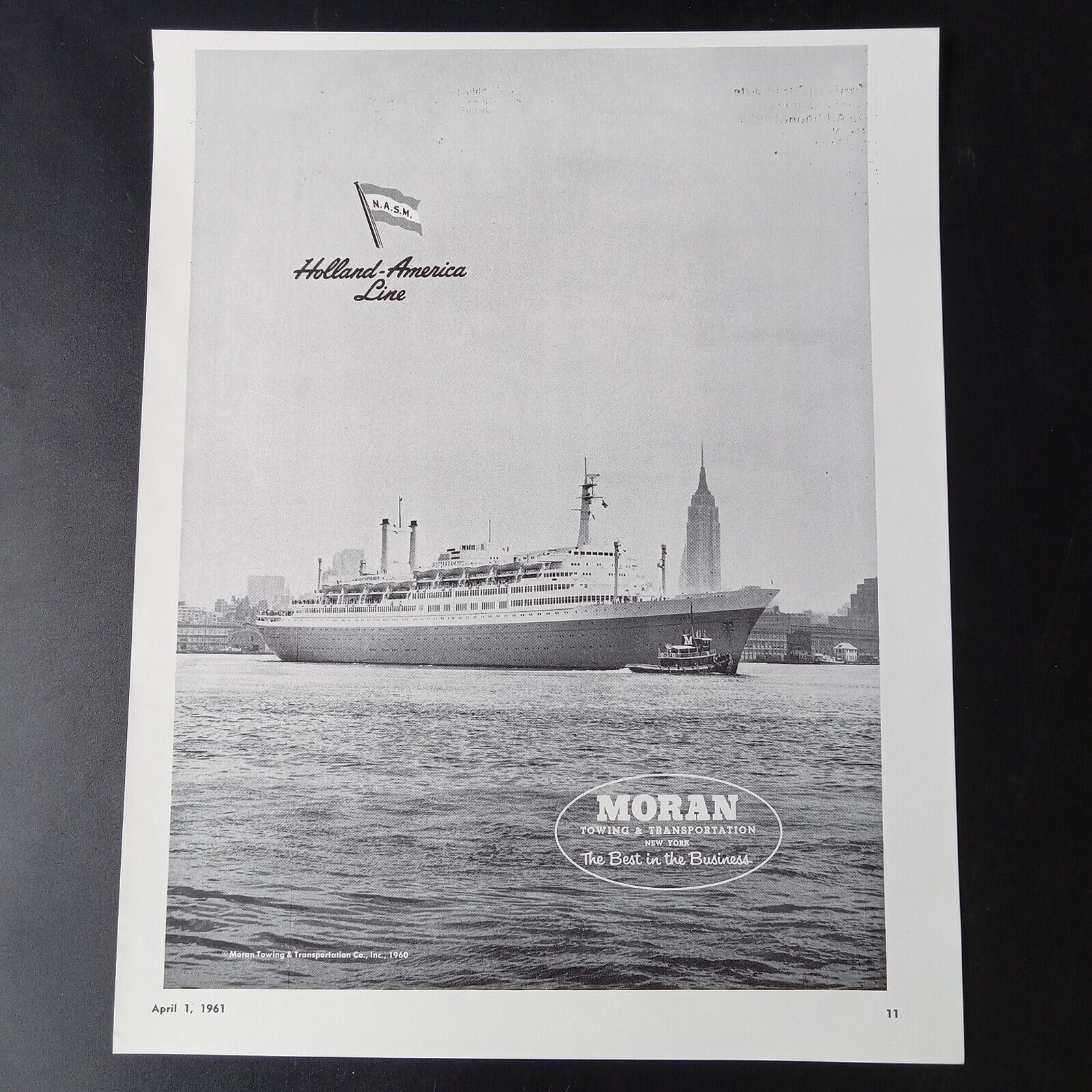 Moran Towing Transportation SS ROTTERDAM Holland American Line Print Ad 10.5x13
