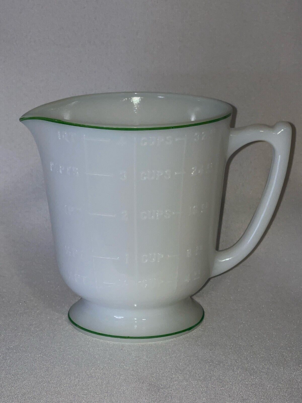 Vintage Hazel Atlas 4 Cup Milk Glass Measuring Cup with Green Trim