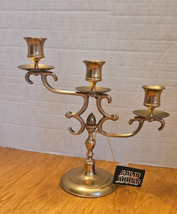 Vintage Elegant Solid Brass 3 Arm Candelabra Candle Stand Original Tag