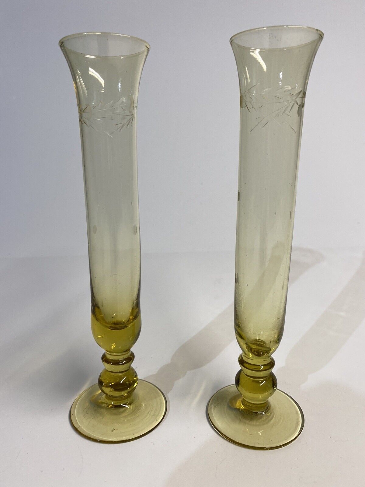 National Potteries Co. 2 Set Amber Yellow Hand Blown Frosted Etched Glass Vases