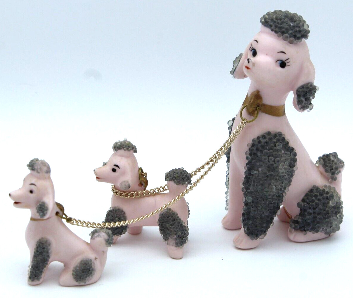 Vintage Lefton Pink & Gray Beaded Mid Century Pink Poodle w/ 2 Puppies KB3458