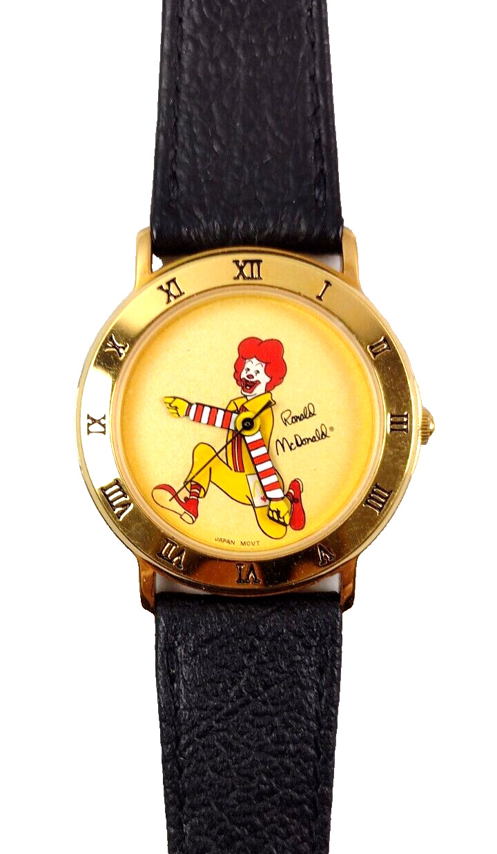 Vintage Ronald McDonald Wristwatch Gold Colored Black Leather Strap Japan NOS