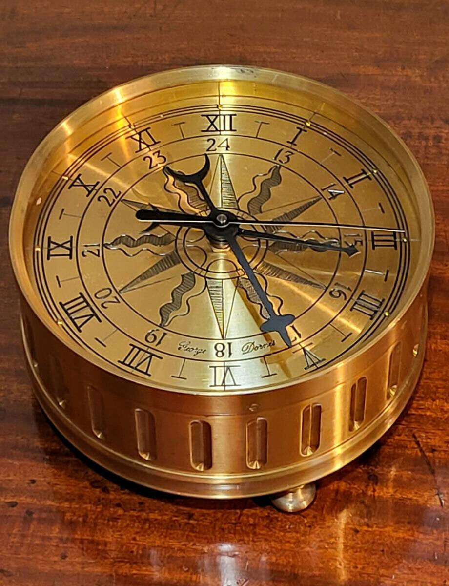RARE '70s Bench-Crafted Brass Drum Clock by George Dornis 6.25