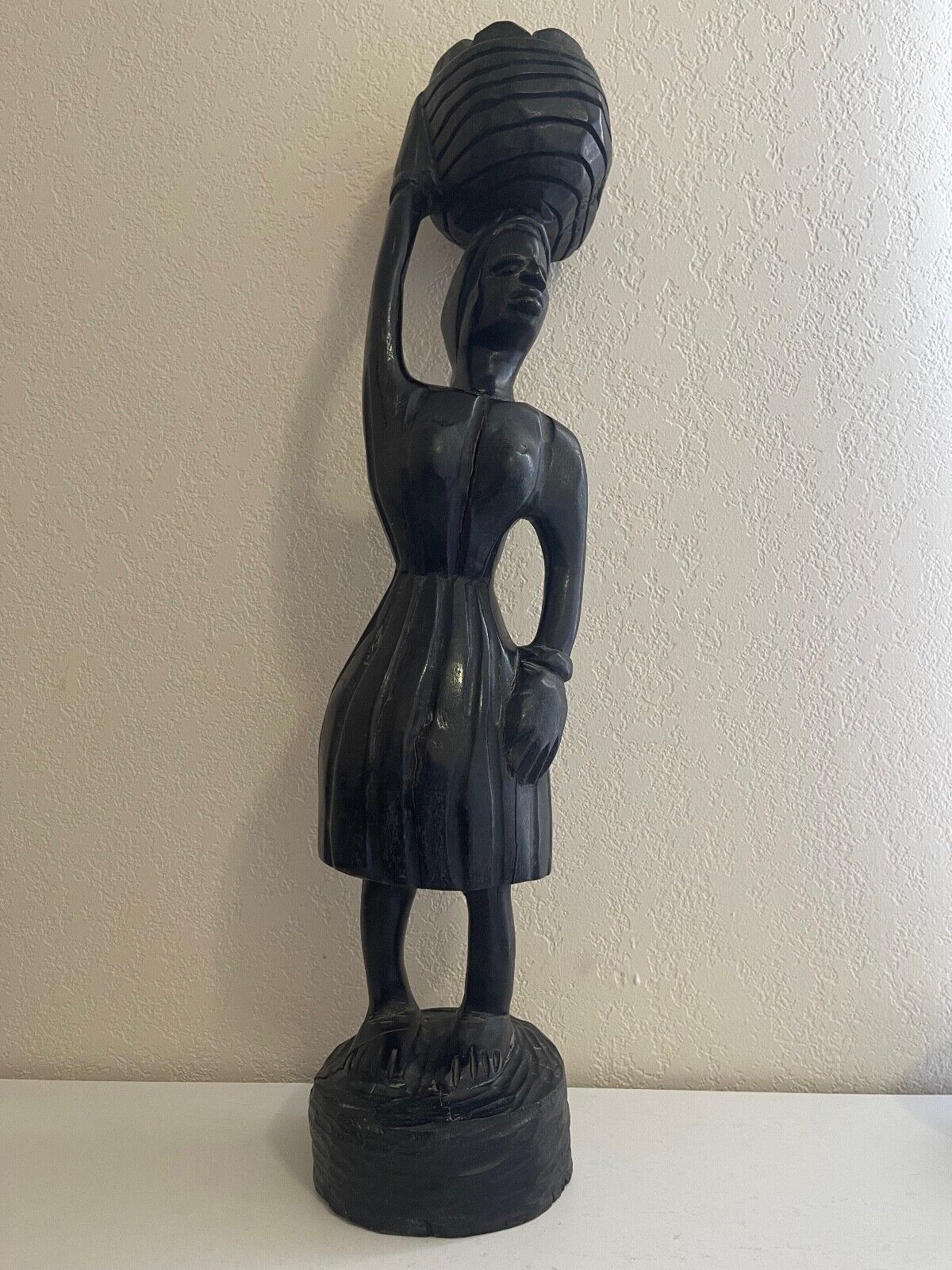 Vtg Ethnic Tribal Possibly African Carved Wood Large Statue of Woman w/ Basket