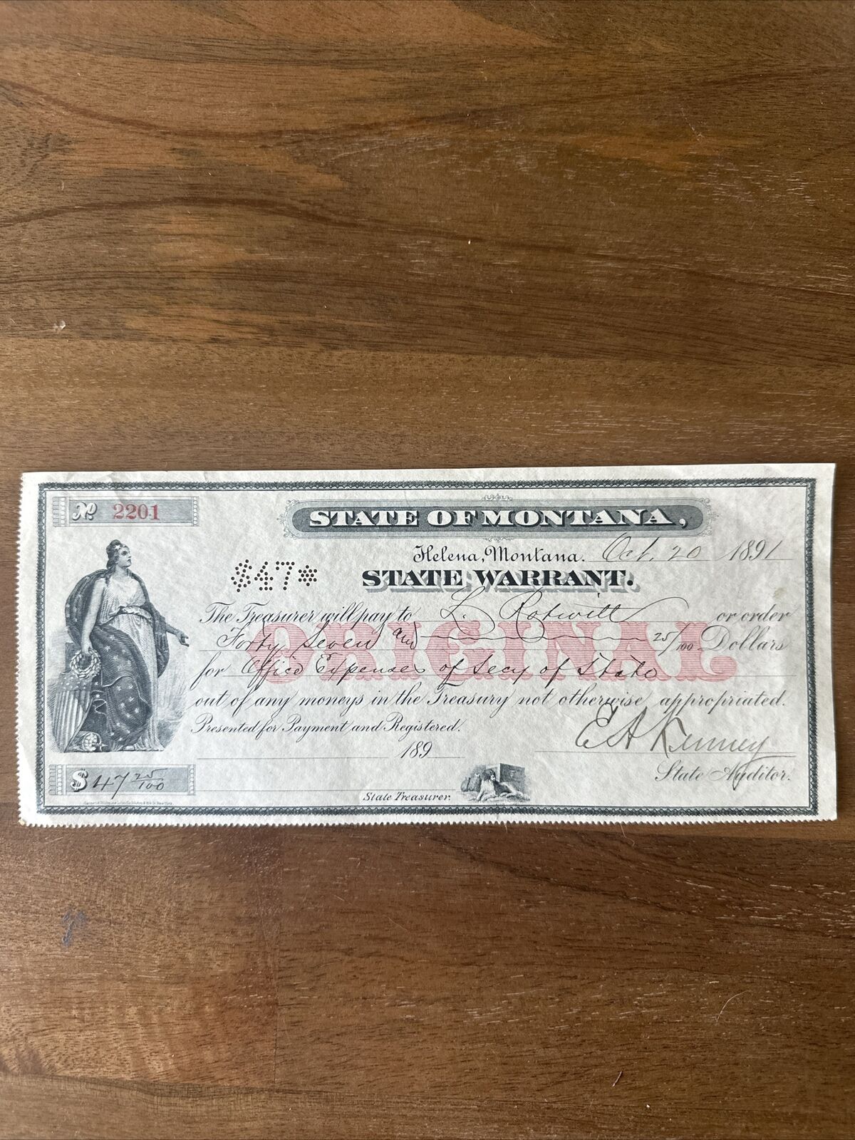 1891 Montana State Warrant 