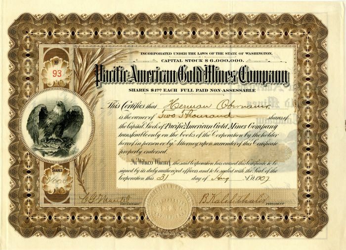 Pacific-American Gold Mines Co. - Stock Certificate - Mining Stocks