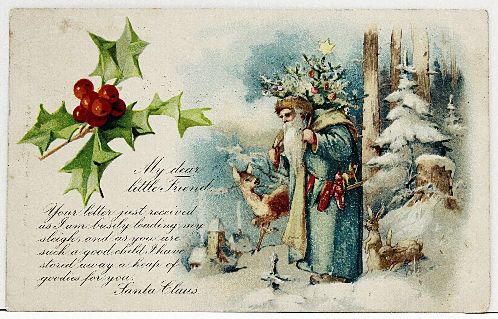 C. 1906 Santa Claus Blue Suit Reindeer Christmas Tree Toys Poem Postcard RARE