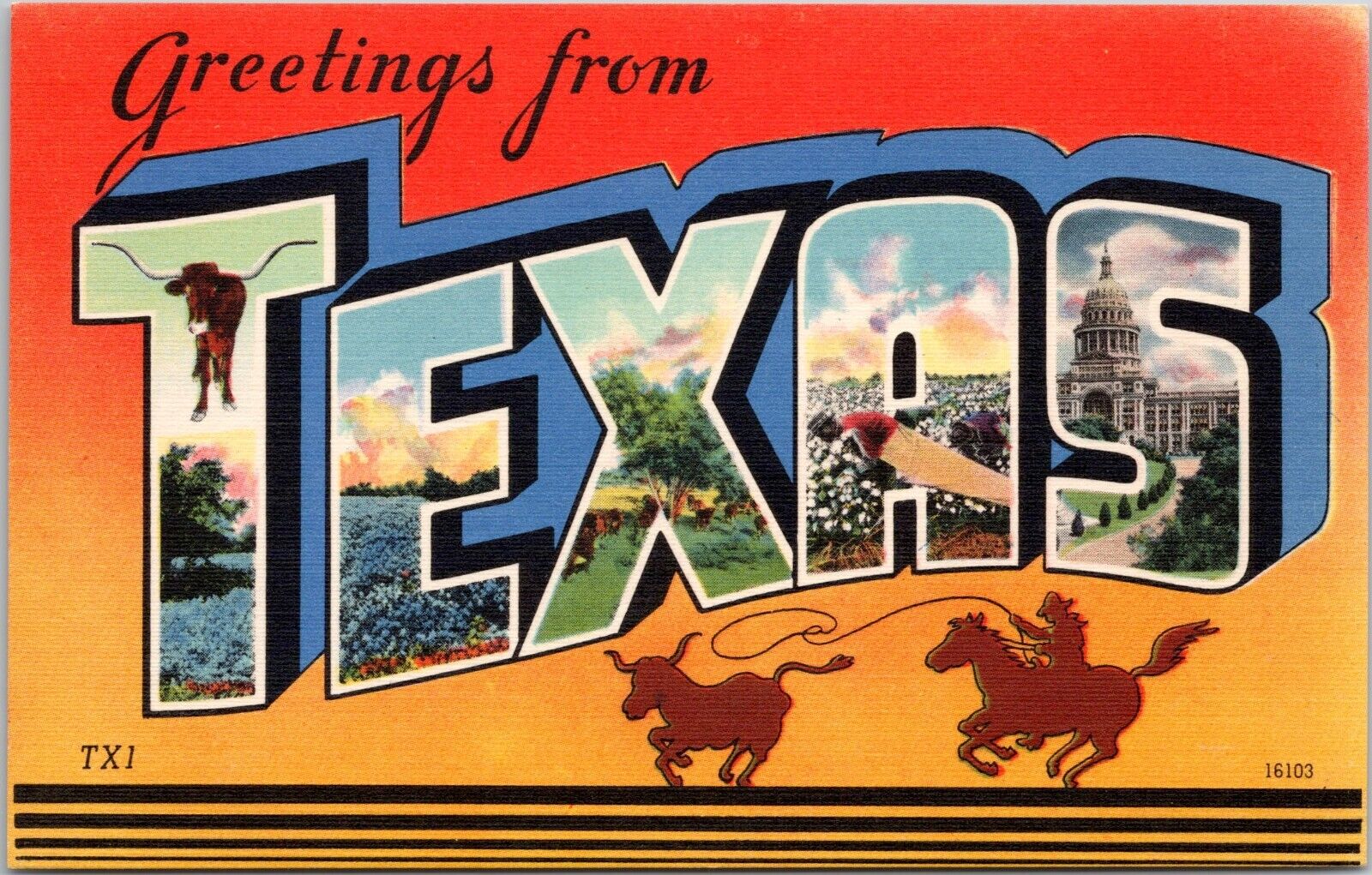Large Letter Greetings from Texas - Linen Postcard - Colourpicture