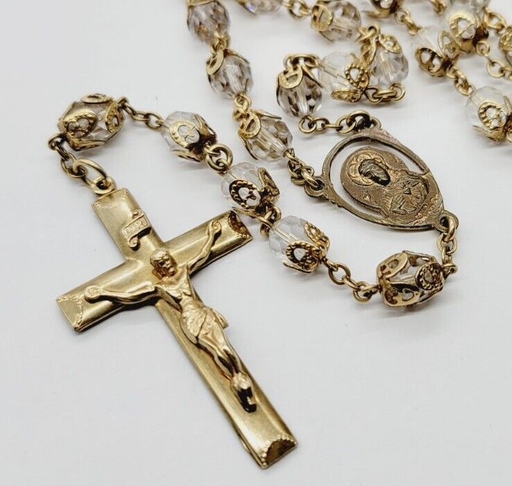 Vintage CREED Rosary Signed 20 12 KT Gold tone Faceted Glass Beads 23 in RARE