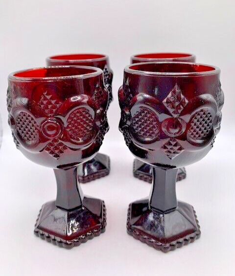 Avon Set of FOUR - 1876 CAPE COD Ruby Red Glassware Wine Glasses