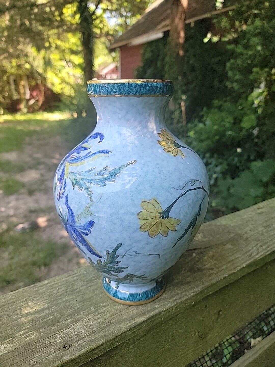 1950 Italian Hand Painted Blue Vase /Gold Gilted With Floral Design Signed