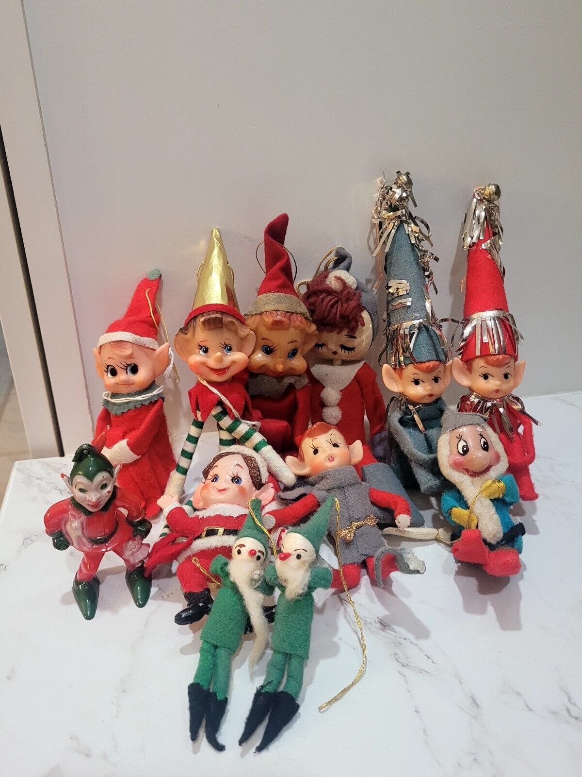 Lot Of 12 Vintage Christmas Ornaments Knee Hugger Pixie Elves Felt Figures Japan