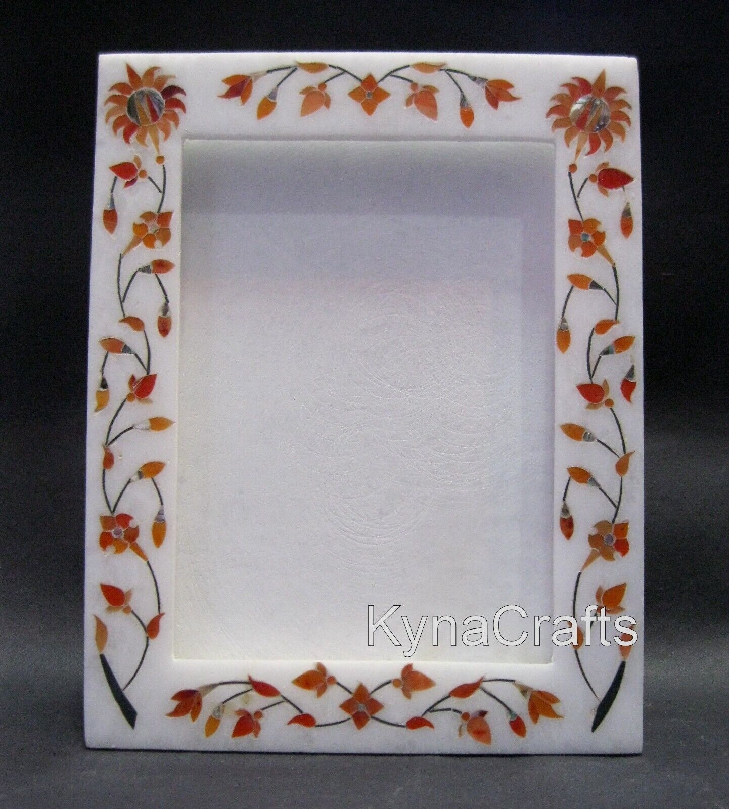9x7 Inches White Marble Decorative Frame Carnelian Stone Inlay Work Photo Frame