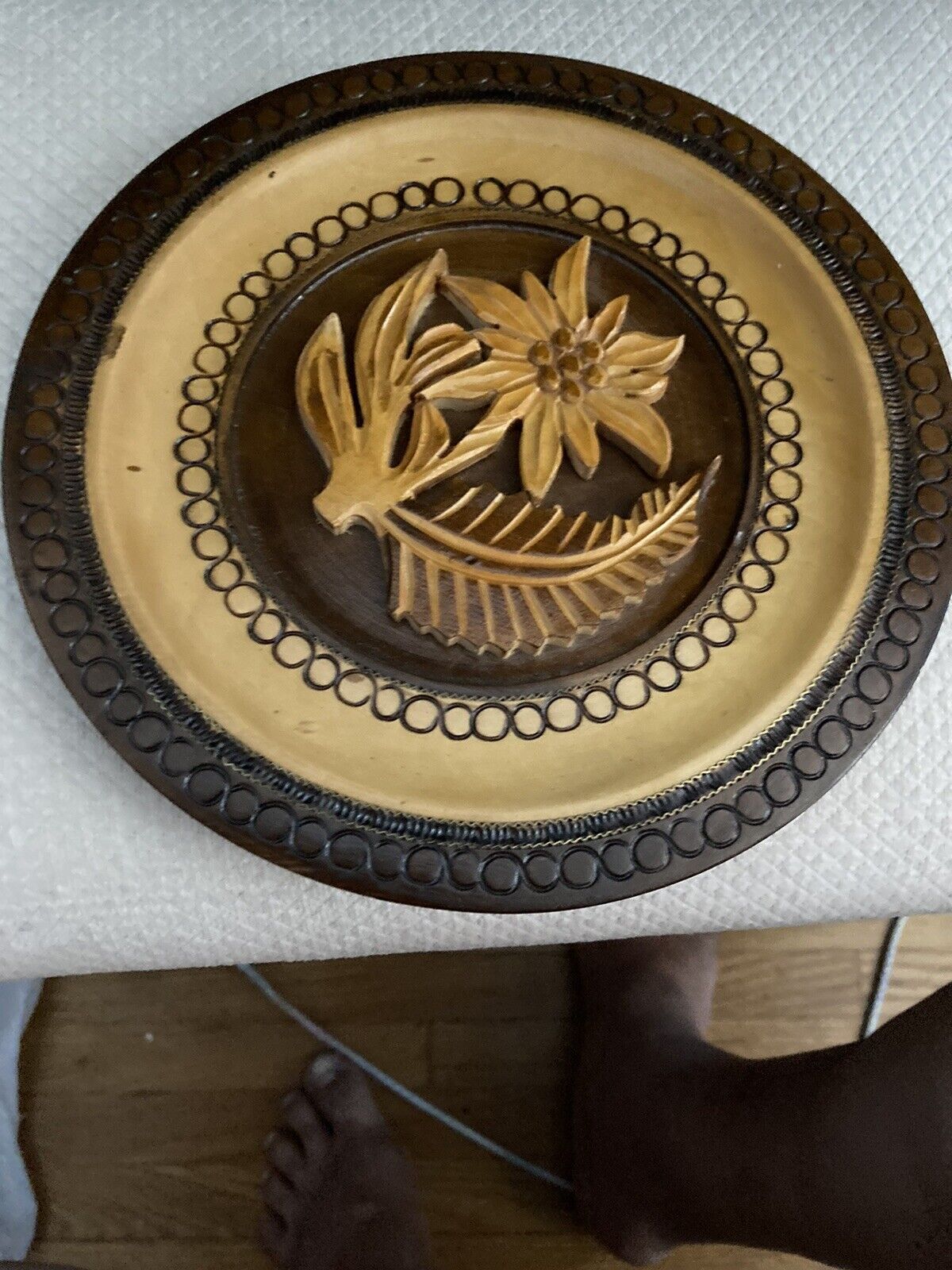 vintage hand carved wood Plate Signed Sunflower Zam Pane