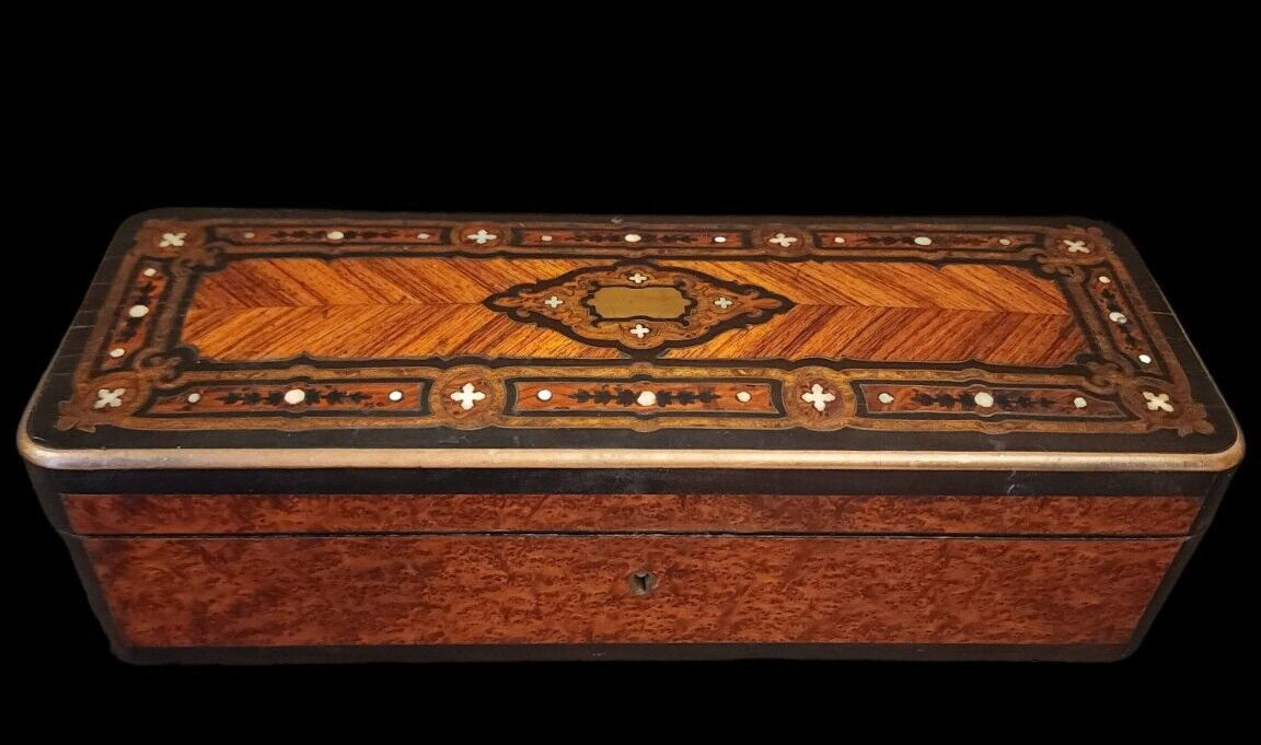 Antique Victorian English Gloves Box  marquetry inlay MOP
