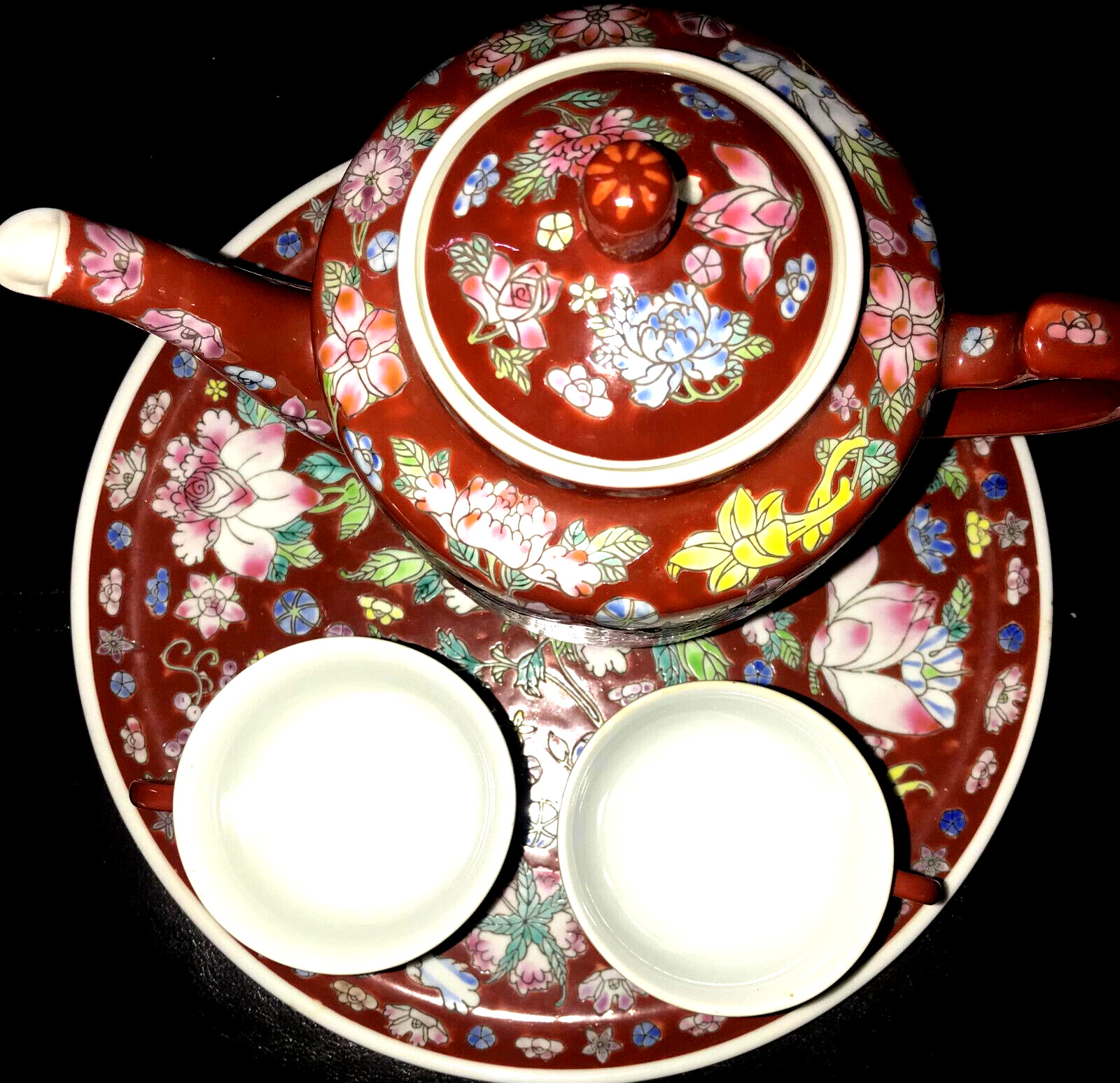 Vintage Tea Party Set Gorgeous Flower Design, 2 Cups, 1 Teapot, 1 Serving Tray