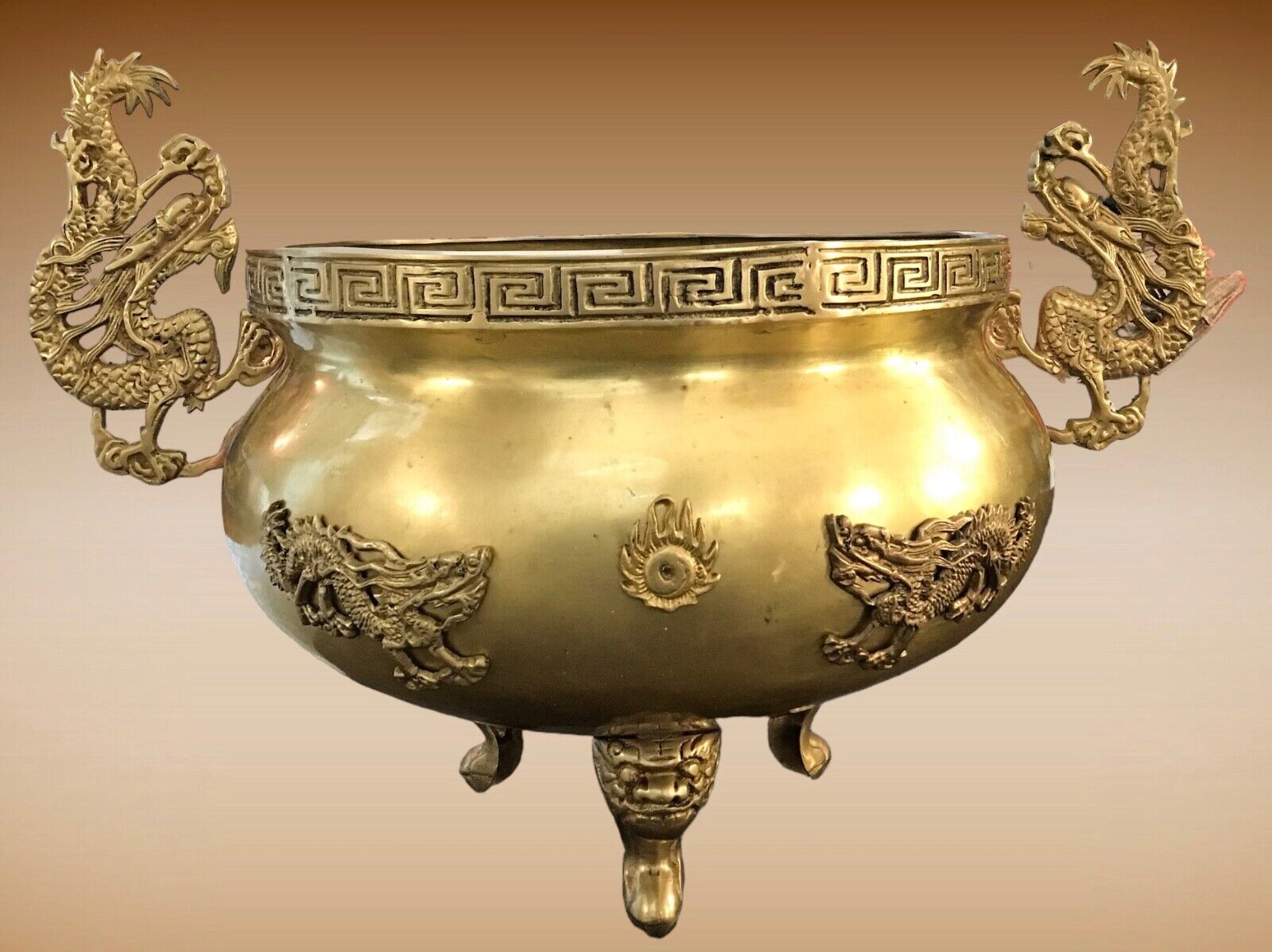 VTG Large Oriental Asian Solid Brass Dragon Foo Dog Planter~Pedestal~Bowl~Huge