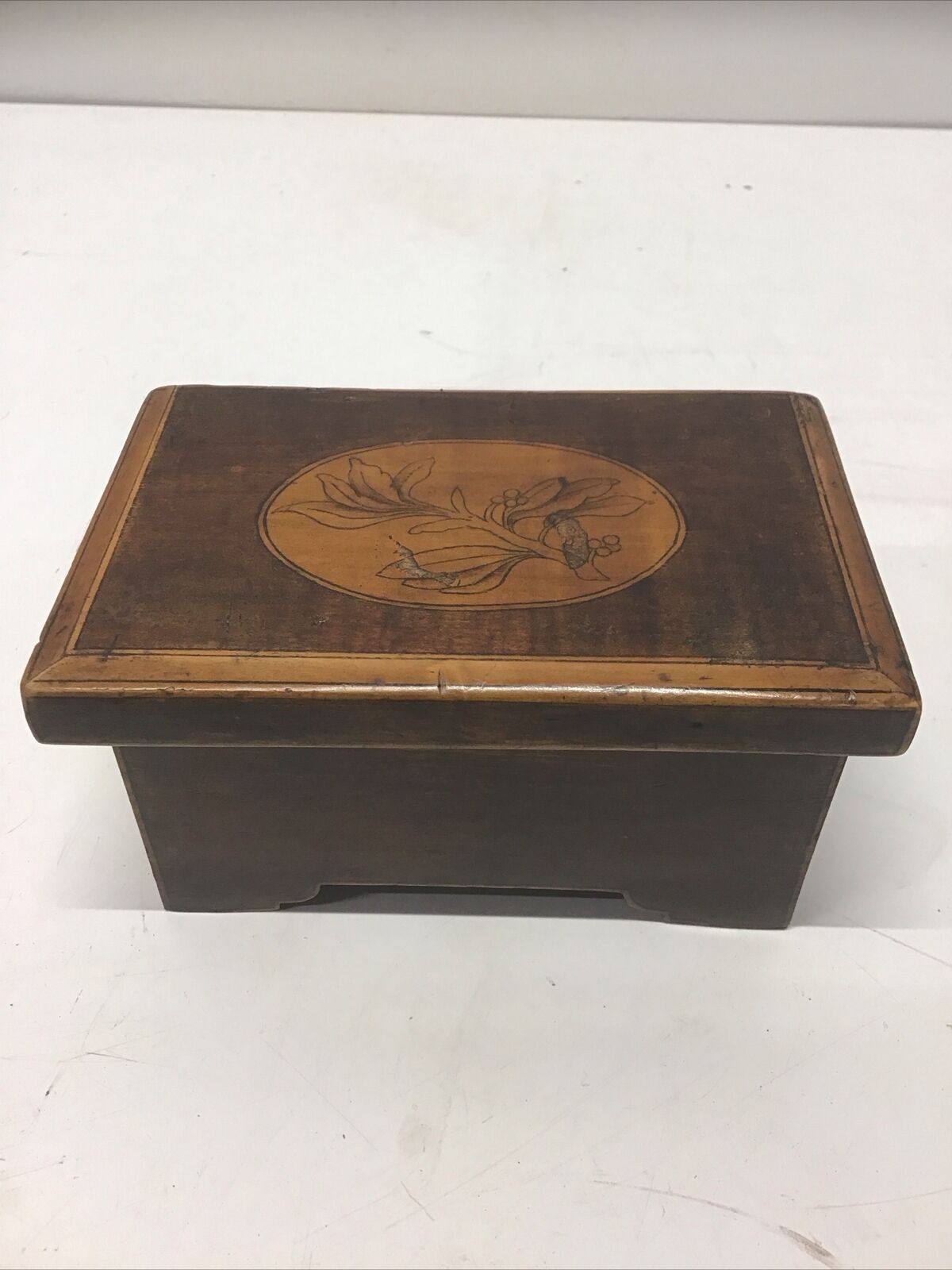 Small Antique 1800’s American Inlay Cherrywood Hinged Box 5” x 3” x 2.75” Cute
