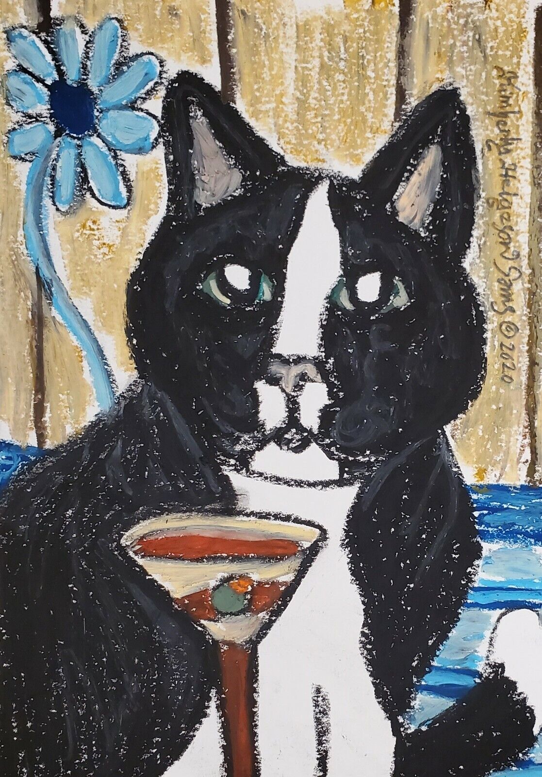 Cat 11x14 Folk Art Print American Shorthair Tuxedo Cat drinking a Martini KSams