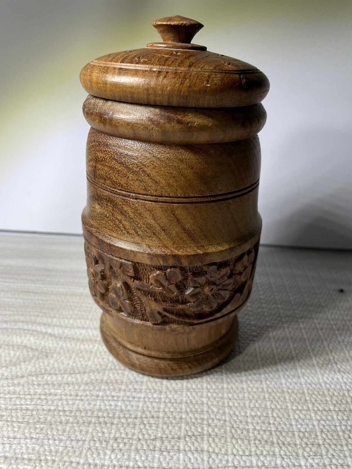 Vintage Small Wood Jar Hand Carved Flowers Container  W/Lid Made in India