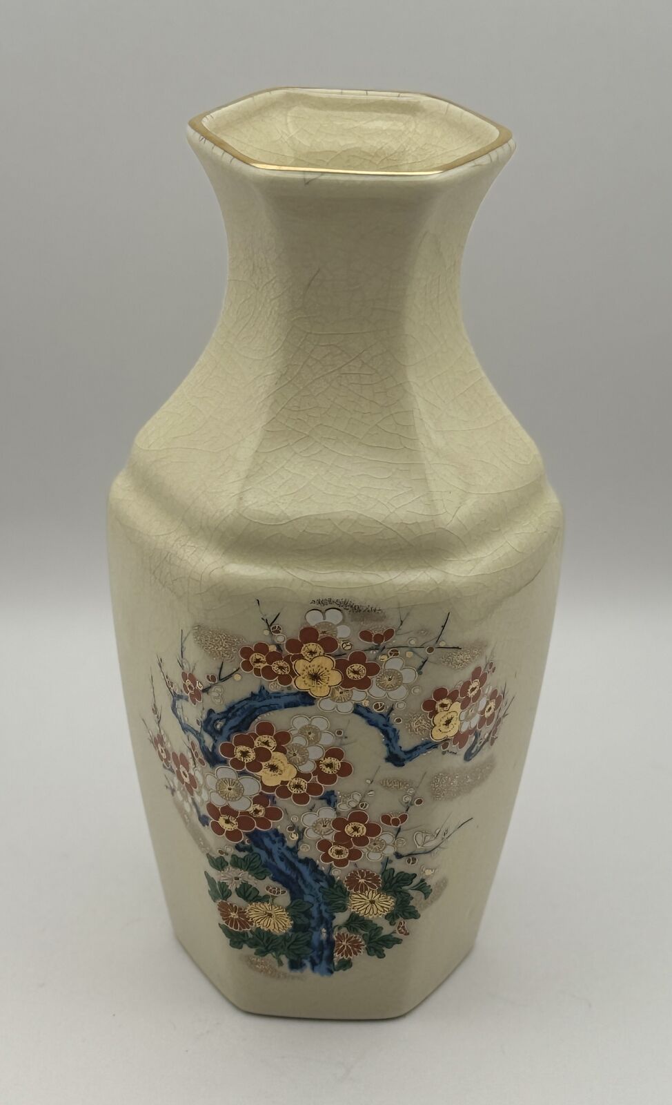 Antique Japanese Kutani Ware Crackle Glaze Porcelain Vase Flowers & Trees