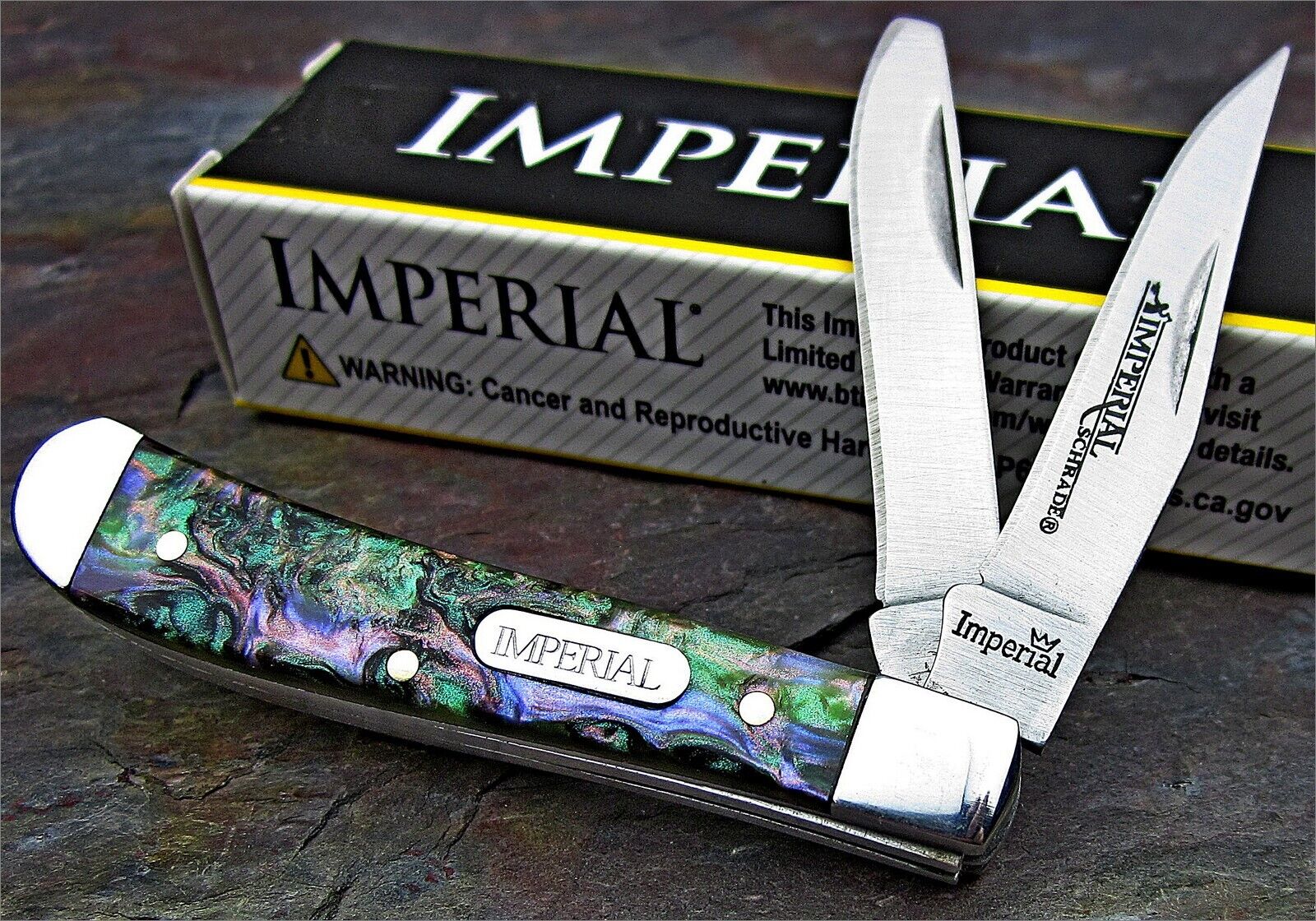 Schrade Imperial Purple Abalone Swirl Celluloid Trapper Folding Pocket Pen Knife