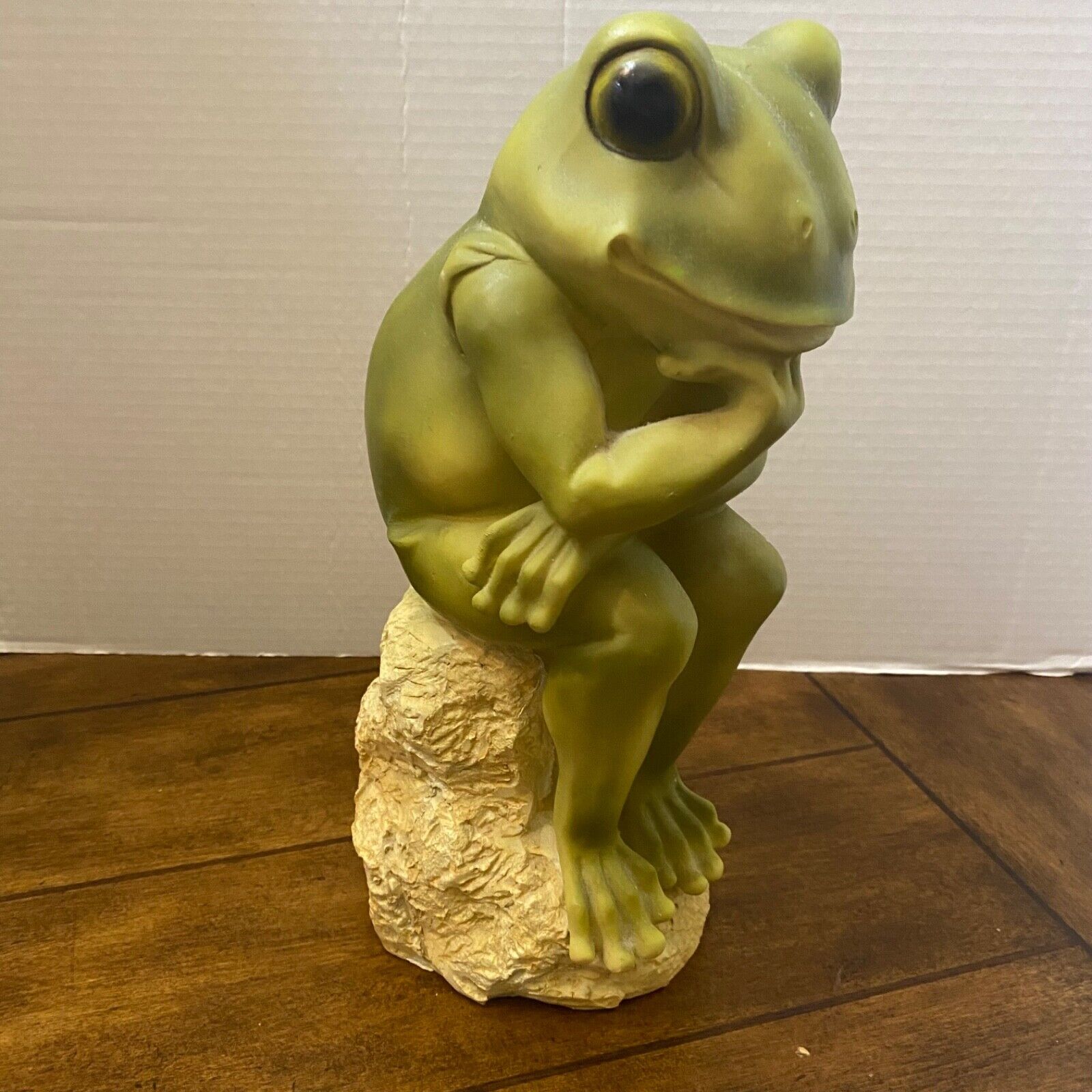 Frog Figure Resin Thinking Frog on Rock 12” Garden Decor