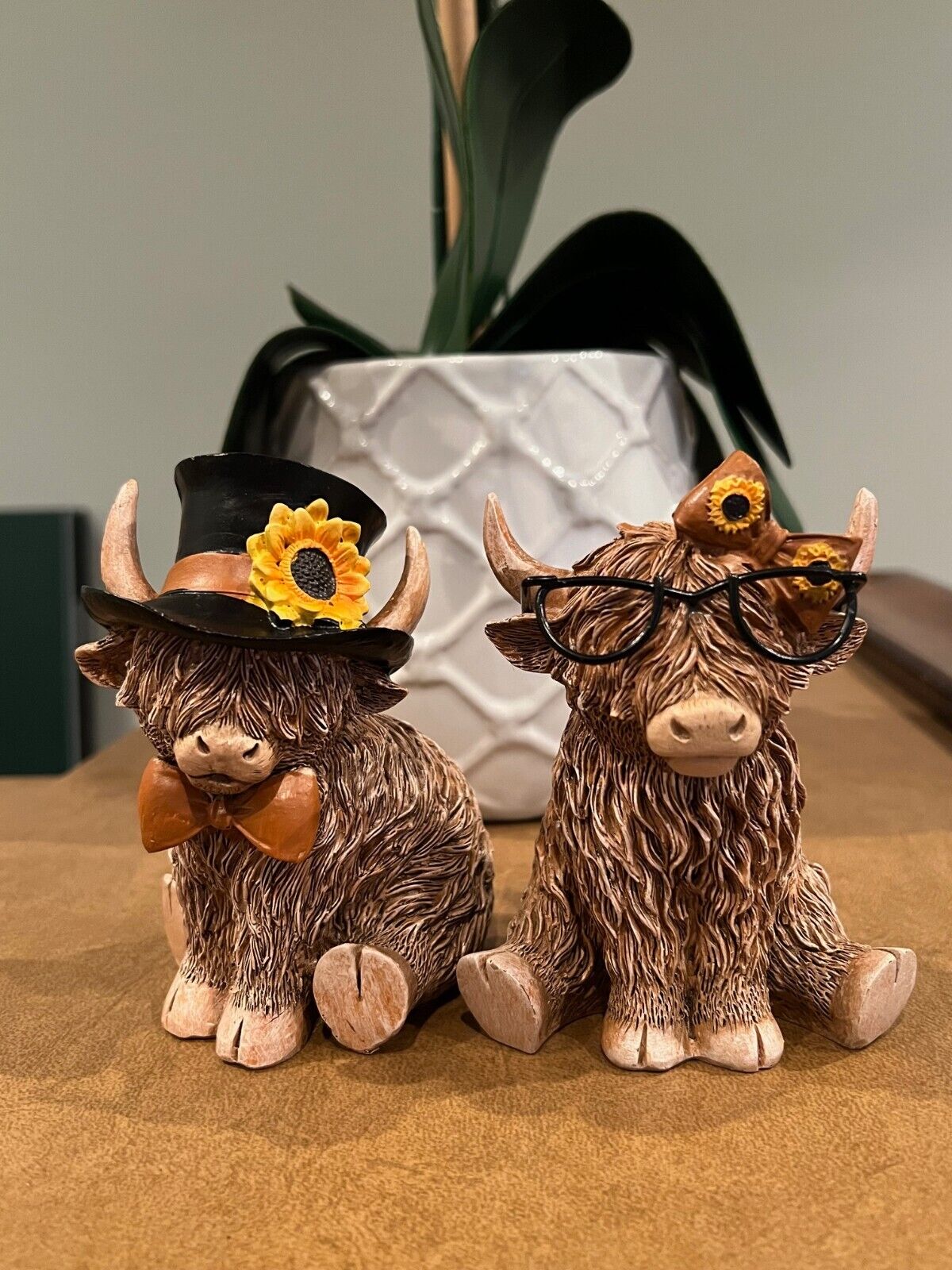 Scottish Highland Cow Resin Bull with Sunflower Hat and Bow Thanksgiving Fall