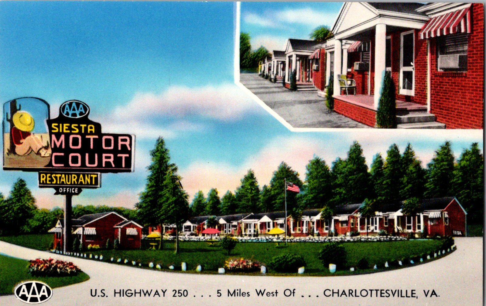 Vintage C. 1960\'s Siesta Motor Court US Highway 250 Charlottesville VA Postcard