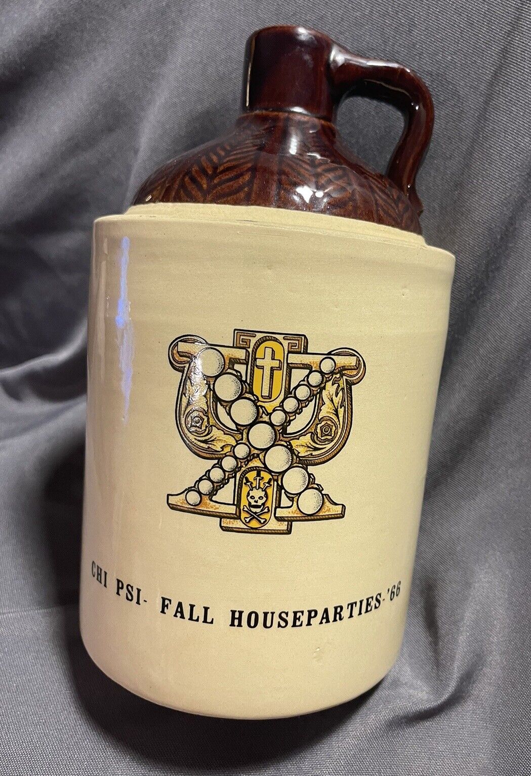 Vintage CHI PSI Skull Fraternity Stoneware Whiskey Jug House Parties 1966