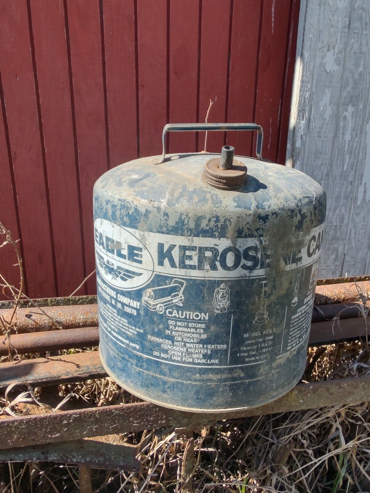 Vintage Metal 5 Gallon Eagle Kerosine Can Blue White GAS OIL DECOR No Holes