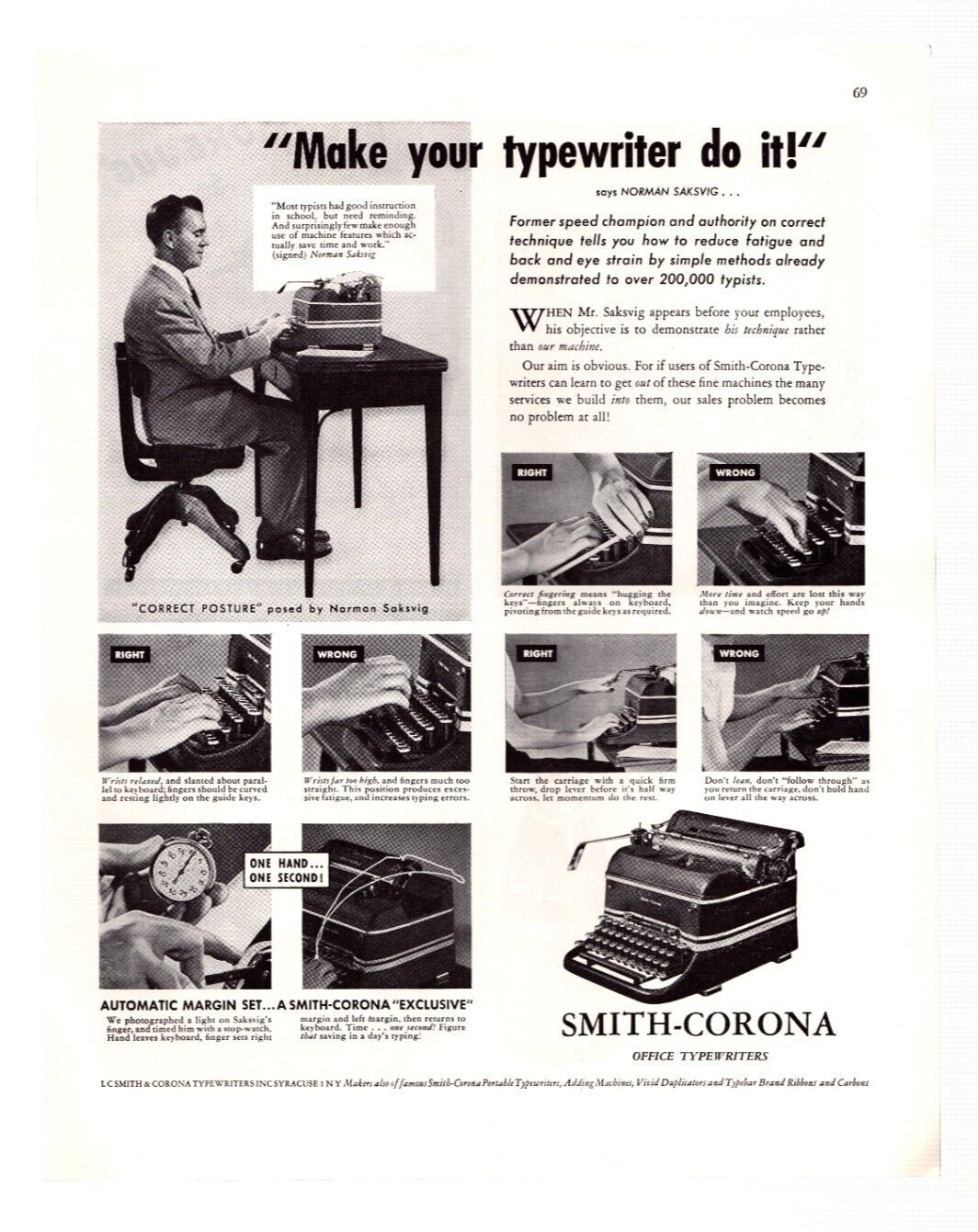 Vtg Print Ad 1947 Smith-Corona Office Typewriters Correct Posture Norman Saksvig