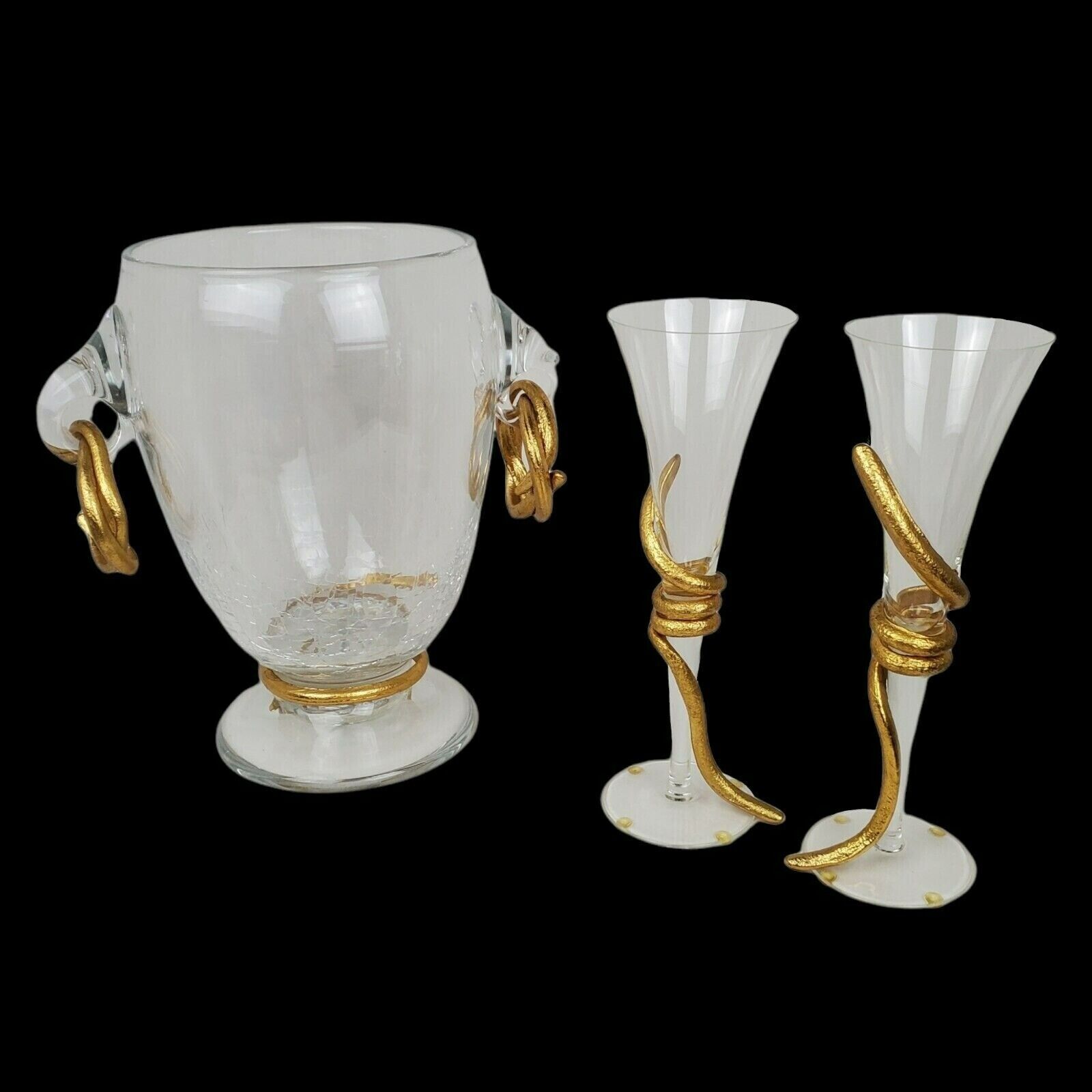 David Rucli Paris Luxury Artisan Glass Champagne Flutes Gold Ice Cooler Bucket