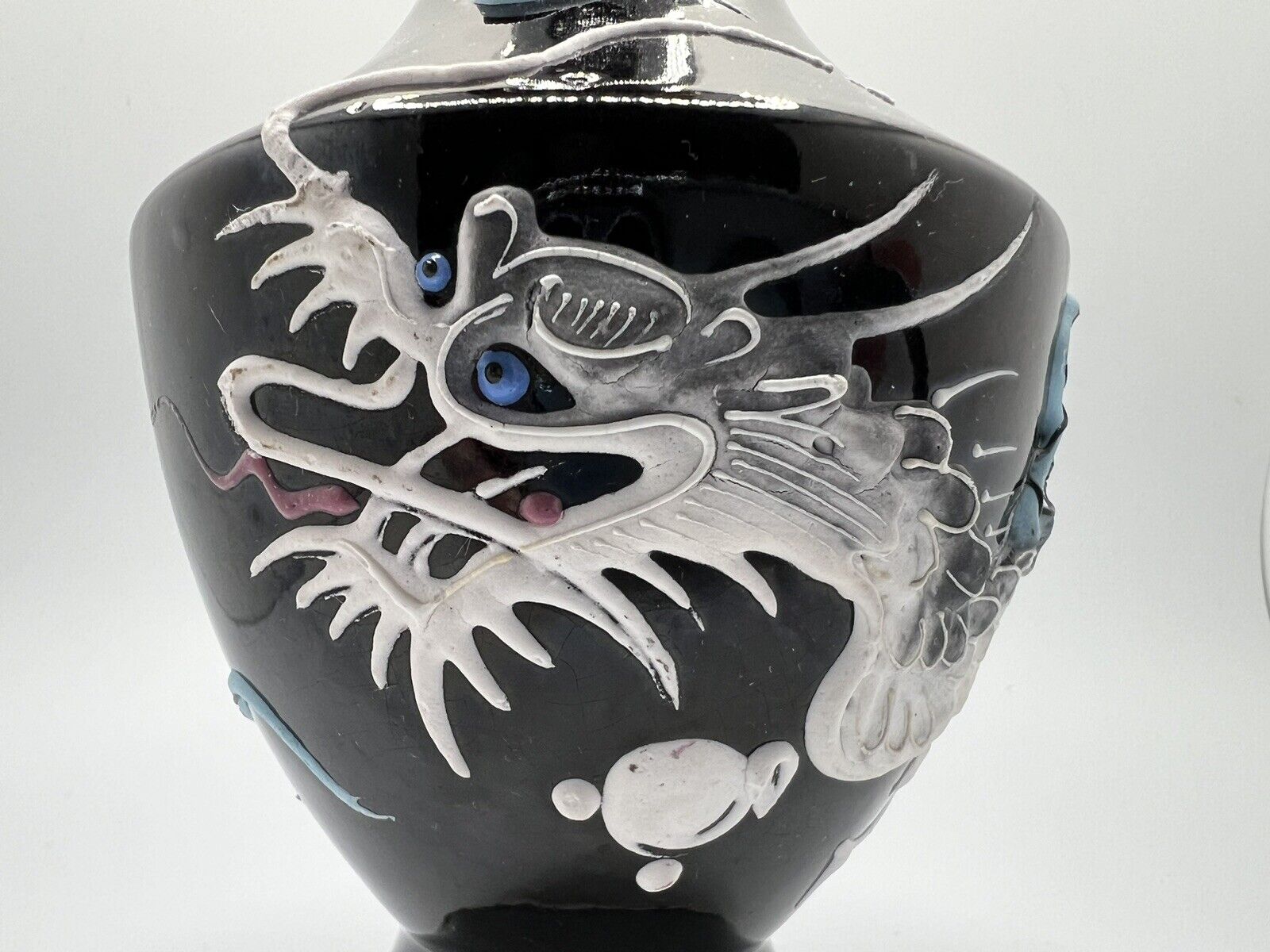 Vintage Porcelain Dragon Vase Moriage Dragonware Black Gray White Japan 7.5”High