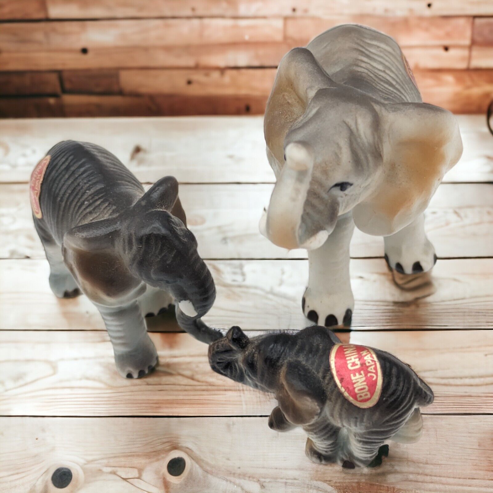 Bone China Miniature Elephant Family of Three Figurines Vintage Japan