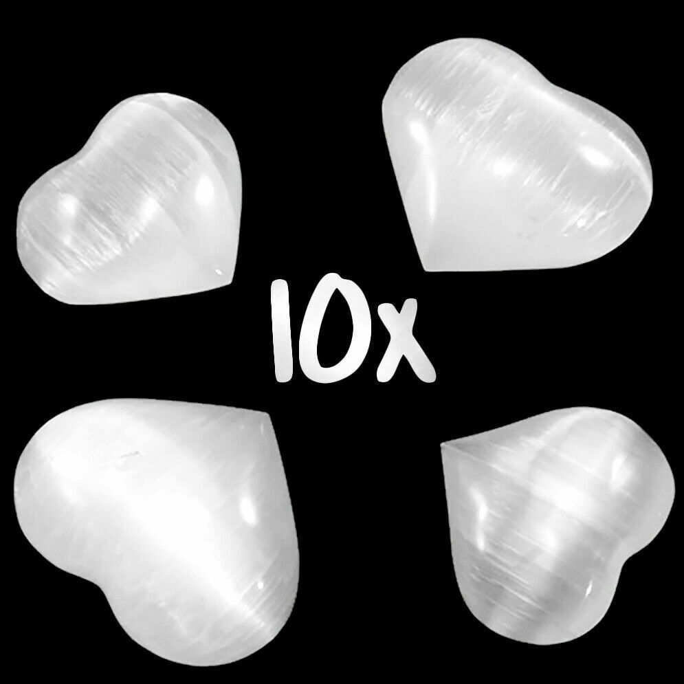 XL Polished Natural Selenite Crystal Hearts LOT of 10 Puffy Carved Stones BULK