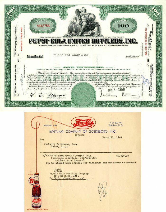 Pepsi-Cola United Bottlers, Inc - Stock Certificate with Invoice - Famous Soda C