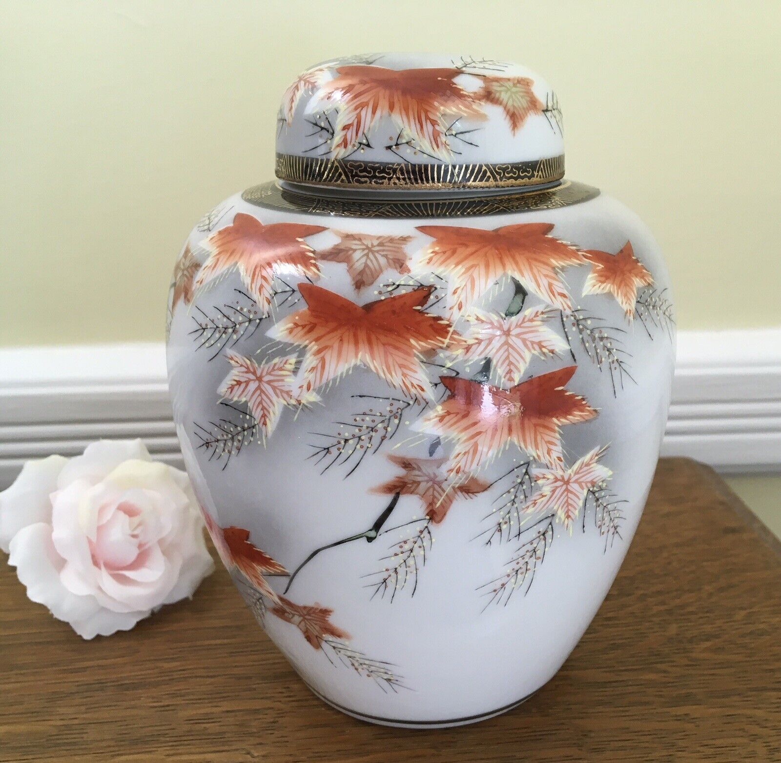 Beautiful Vintage Porcelain Ginger Jar by Toyo of Japan with Red Maple Leaves