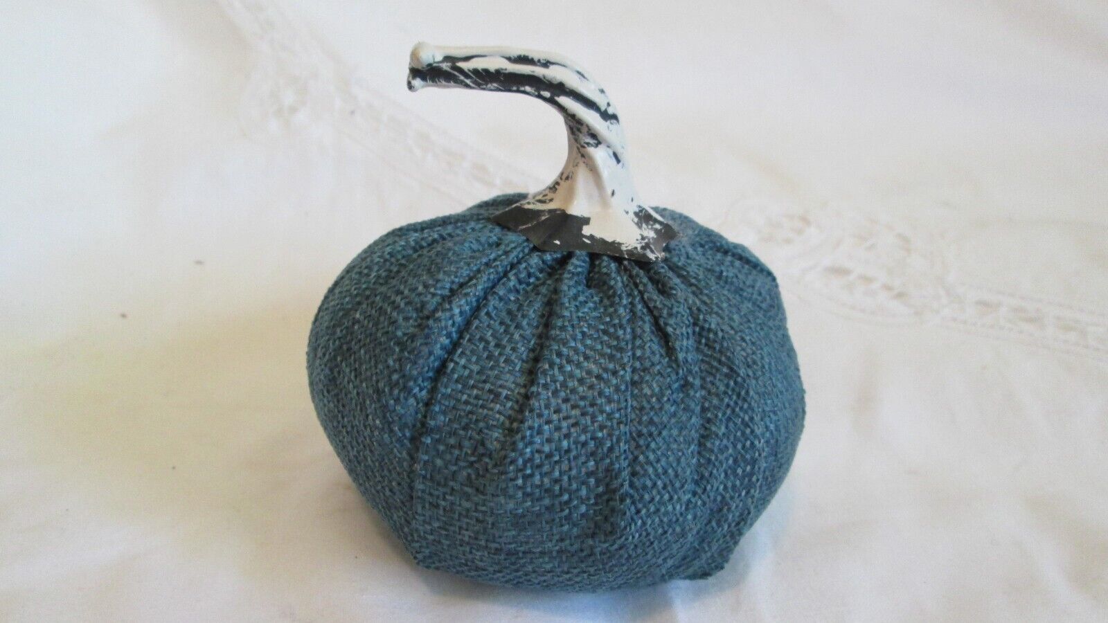Teal Soft Cloth Thanksgiving  Pumpkin Resin Stem White Washed Small 4\