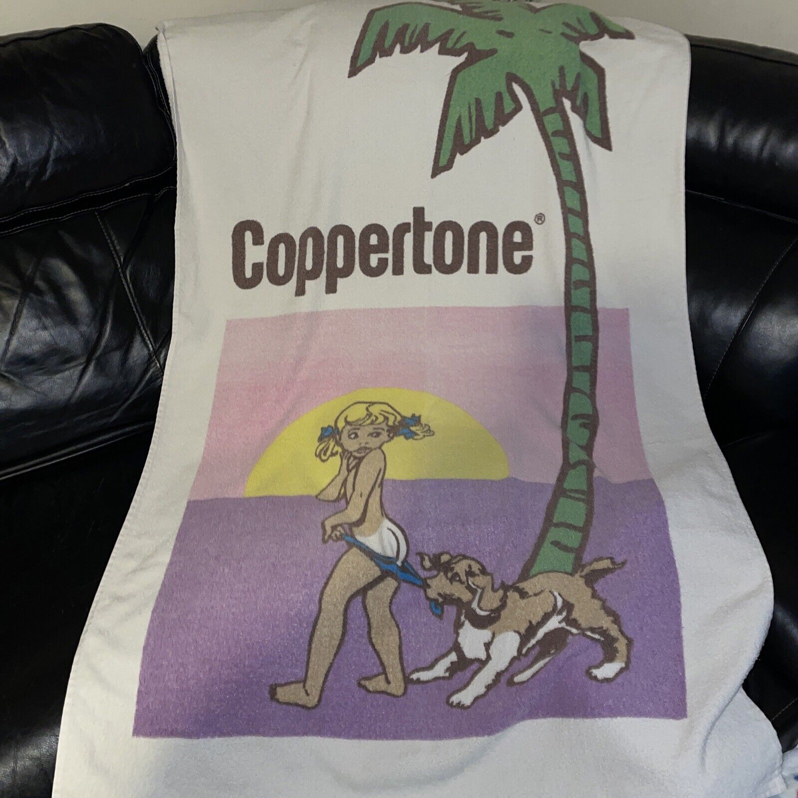 RARE 70s Vintage Coppertone Lotion Beach Towel Little Girl Palm Tree 56”x34”