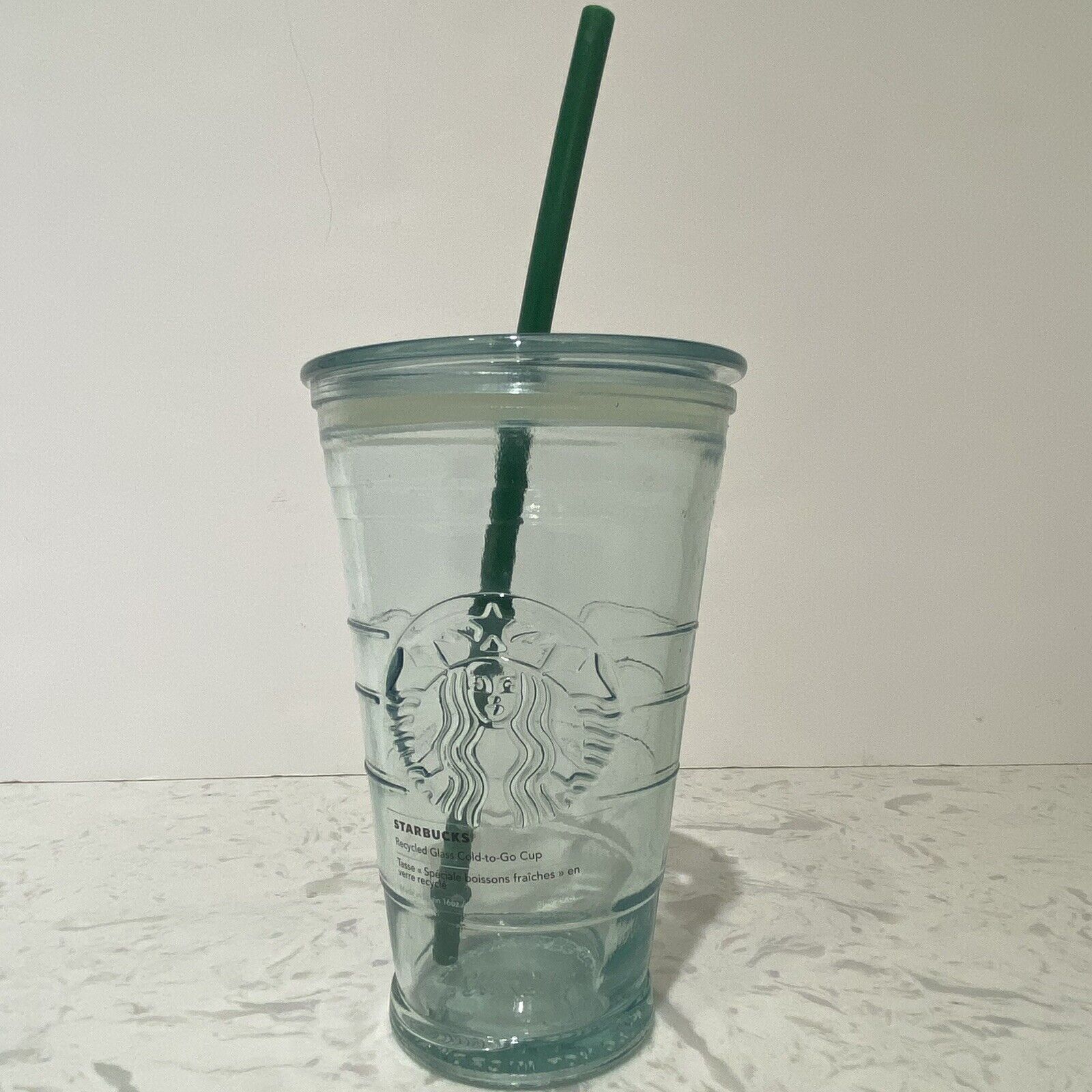 Starbucks Recycled Glass Cold To Go Cup Grande 16 oz Spain With Lid And Straw