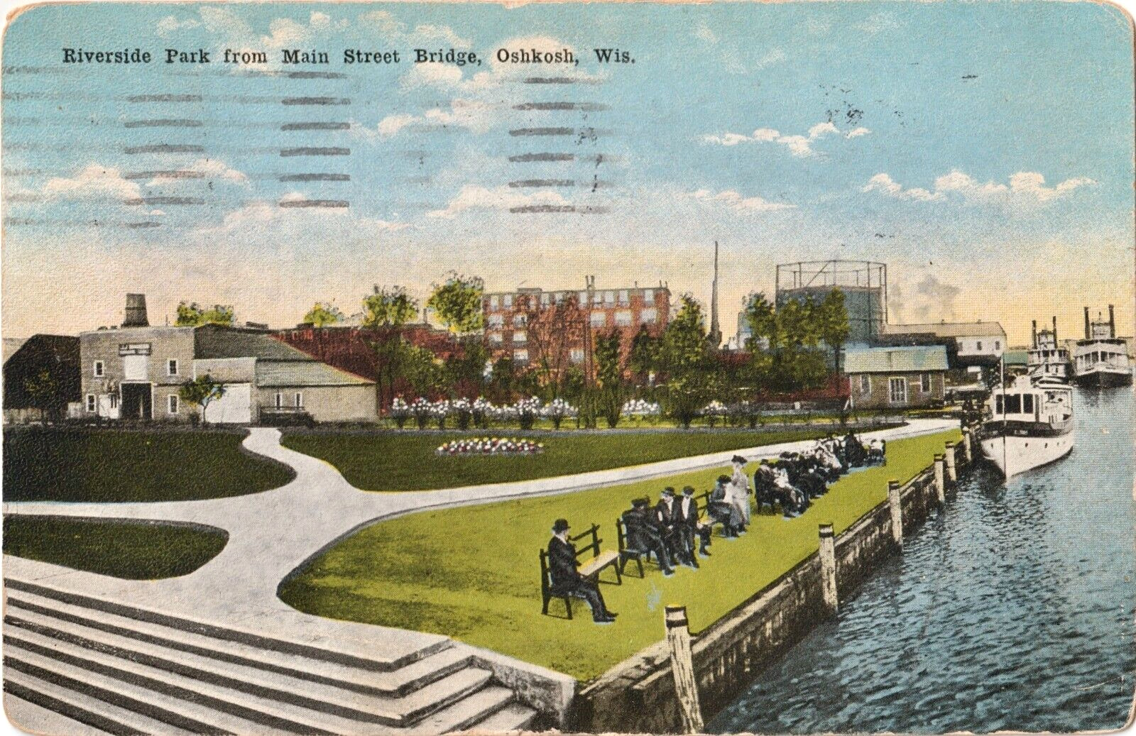 Riverside Park from Main Street Bridge, Oshkosh, Wisconsin WI-posted 1916