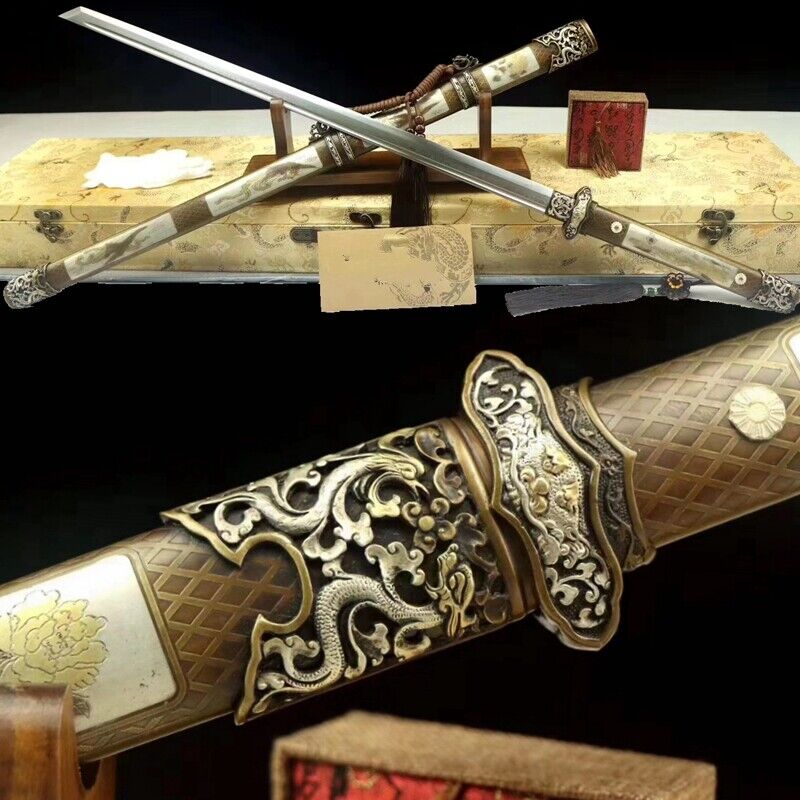 Dragon Phoenix Sword Pattern Steel Blade Sharp Copper Saya 24K Gold-plate #5474