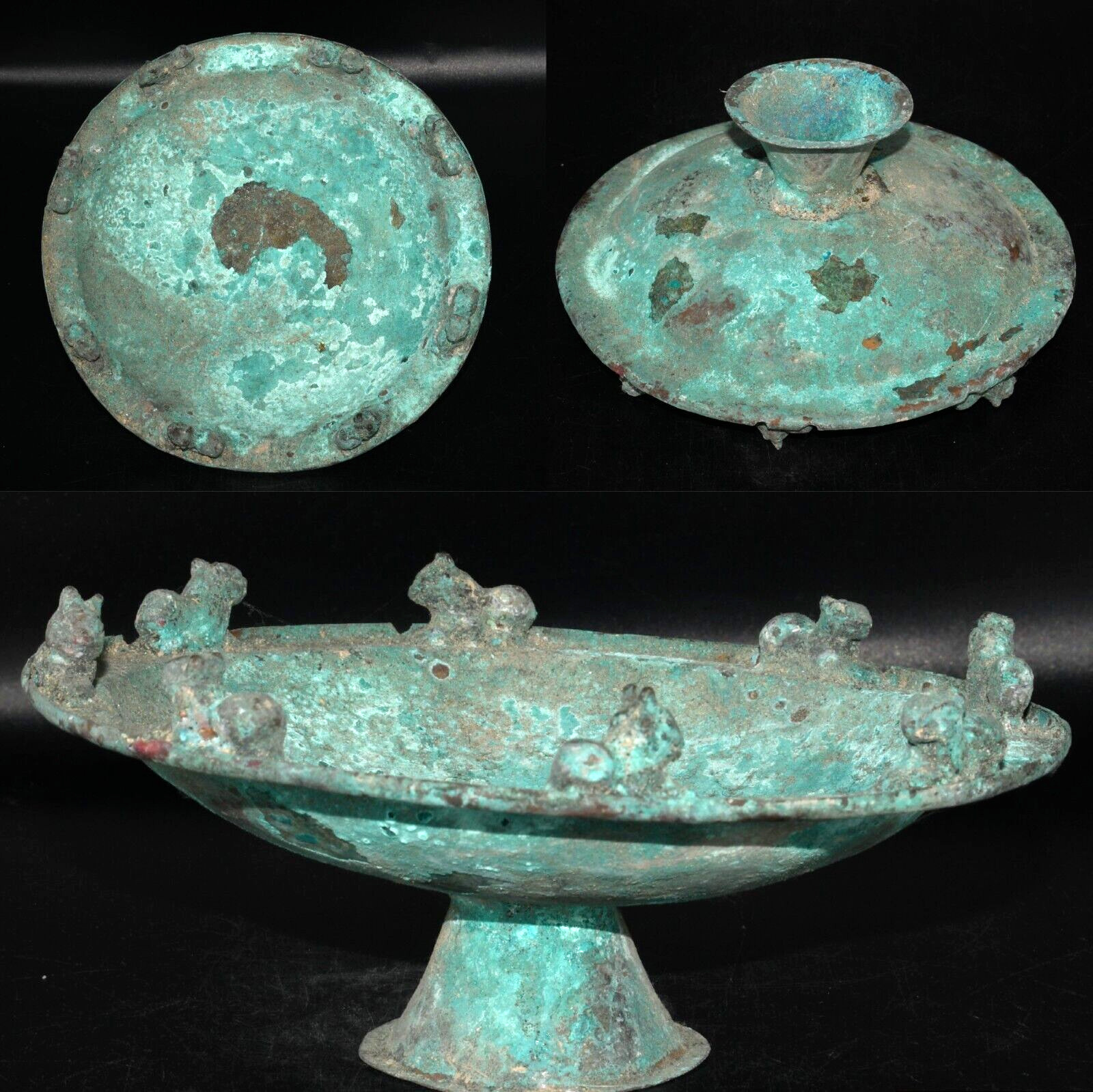 Ancient Bactrian Bronze Bowl With 8 Lion Figurines 3rd–early 2nd millennium BCE