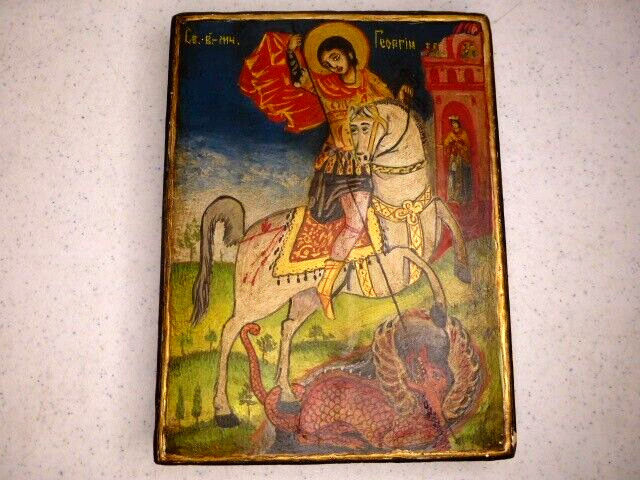 Icon, St George the Victorious and Dragon, Handmade, Board, 6 1/4 x 4 5/8 inches