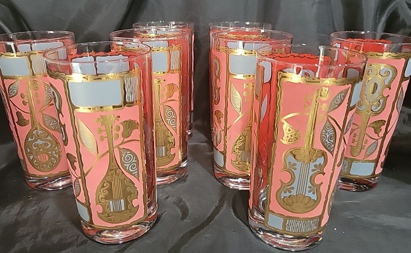 (8) MCM Georges Briard Musical Instruments  Red  & 22k Gold HiBall Glasses Great