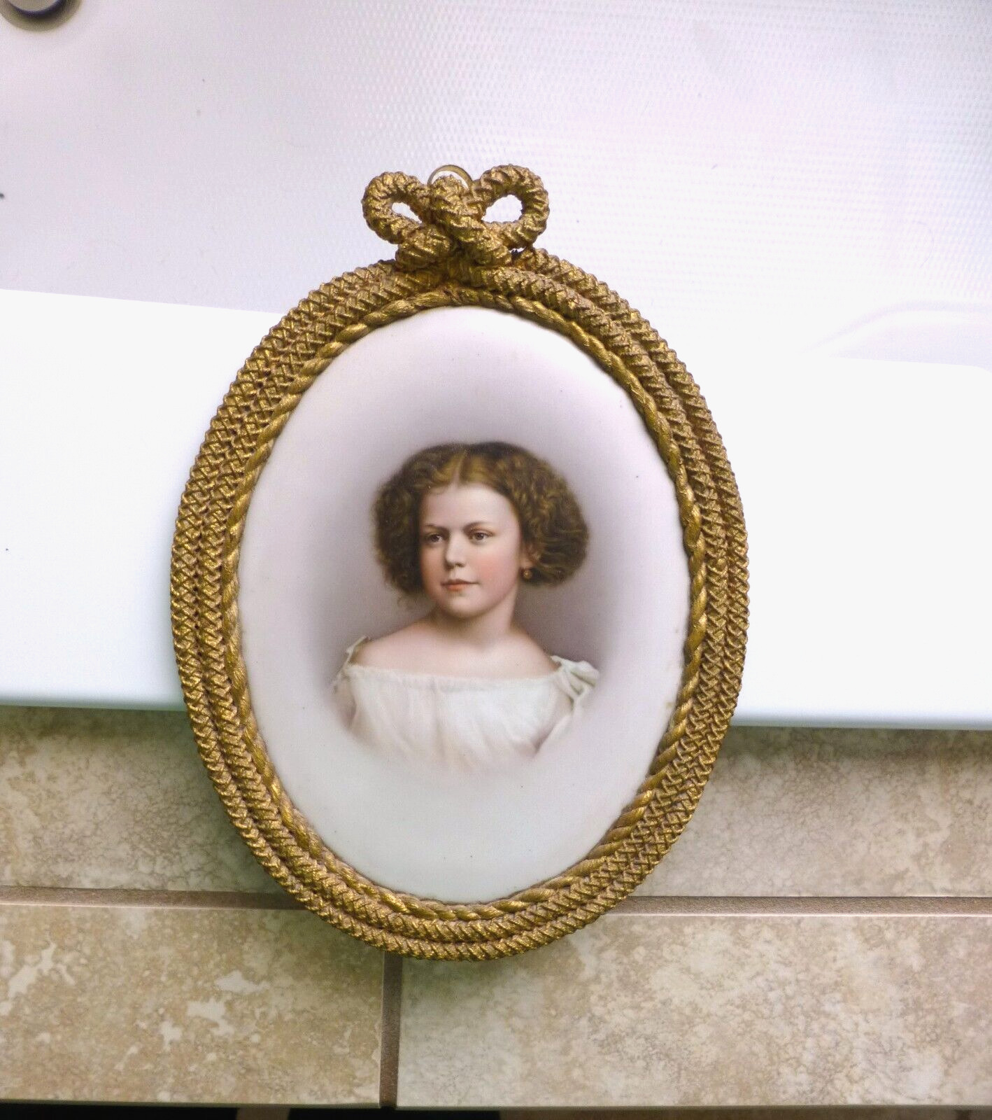 Hand Painted Antique Porcelain Plaque Beautiful Victorian Young Girl Org Frame