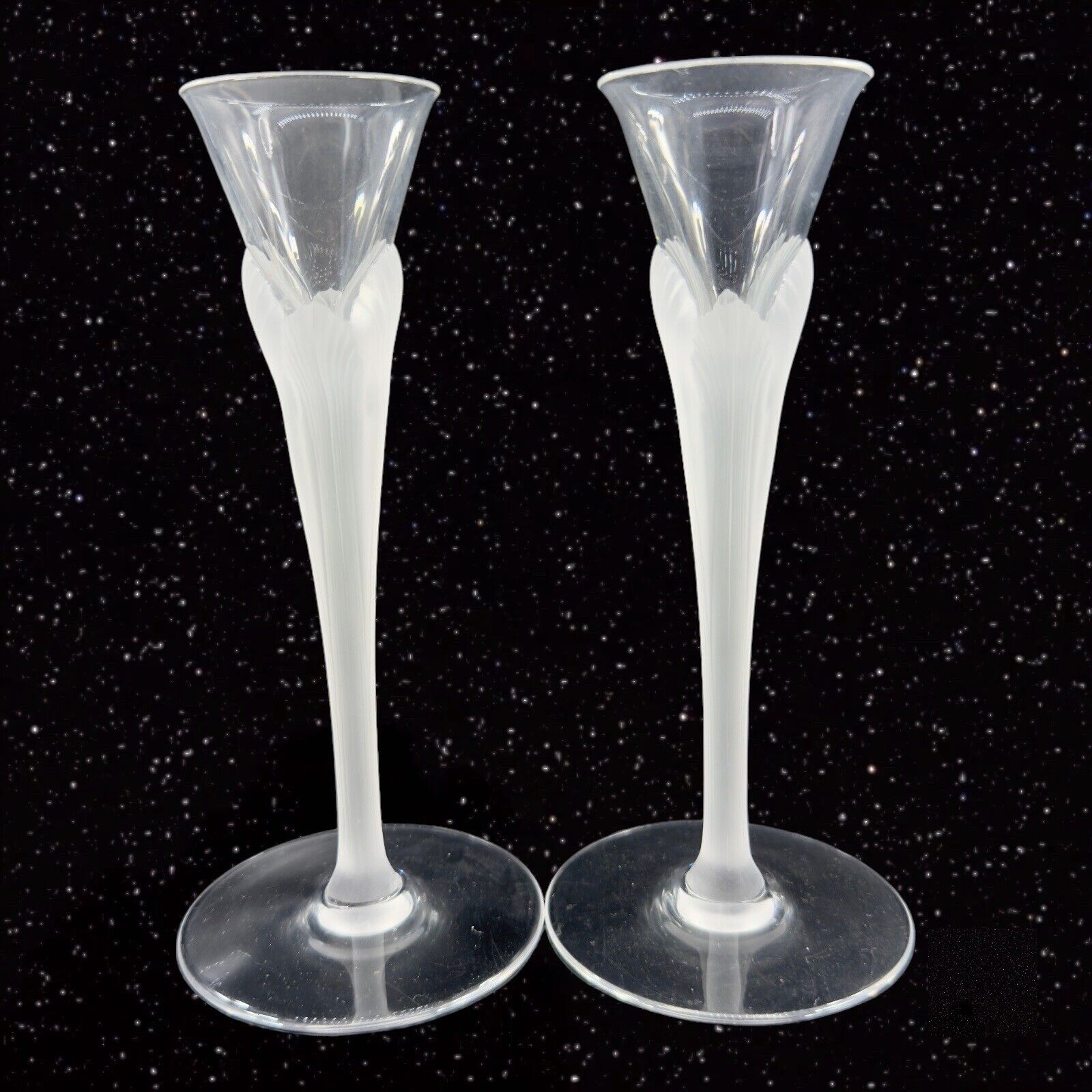 Sasaki AEGEAN FROST Pair Tapper Candle Stick Holder Frosted Bottom Clear Top