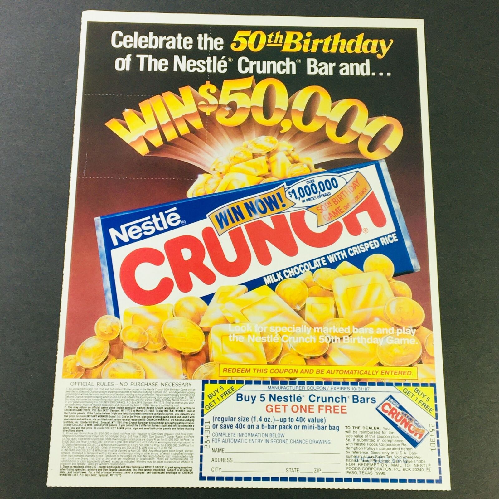 VTG Retro 1987 The Nestle Crunch Bar and 50th Birthday Win $1,000,000 Ad Coupon